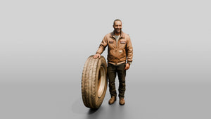 Mechanic Resting Hand on a Truck Tire - 3D character model, view 1