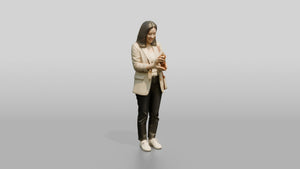 Young Asian Woman Holding Coffee Cup with Crossbody Bag - 3D character model, view 1