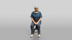 Middle-Aged South Asian Woman Doctor Sitting on Stool - 3D character model, view 1