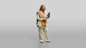 African Woman in a White Pantsuit Laughing at Her Phone - 3D character model, view 1