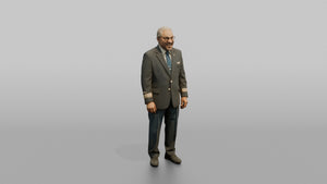 Caucasian Flight Attendant Crouching to Talk to a Passenger - 3D character model, view 1