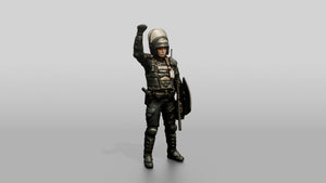 Riot Police Officer with Raised Fist and Shield - 3D character model, view 1