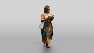 African Woman Reading a Book in a Printed Maxi Dress - 3D character model, view 1