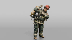 Firefighter Man Hoisting an SCBA Tank Onto His Back - 3D character model, view 1