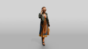 Stylish African Woman in a Leather Jacket and Print Dress - 3D character model, view 1