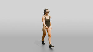Latina Woman in Sleek Black Swimsuit Beach Walk - 3D character model, view 1