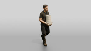 Kitchen Porter Carrying Ceramic Bowls - 3D character model, view 1