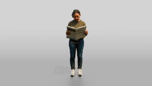 Homeless Woman Reading a Folded Newspaper - 3D character model, view 1