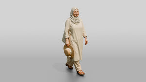 Middle-Aged Iraqi Woman in Hijab Carrying a Summer Hat - 3D character model, view 1