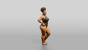 Curvy Black Woman in Olive One-Piece Swimsuit Hands on Hips - 3D character model, view 1