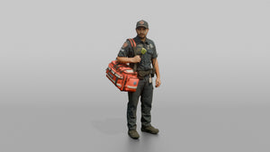 Firefighter Man Carrying a Bright Red Medical Emergency Trauma Bag - 3D character model, view 1