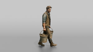 Farmer Carrying Pair Of Heavy Iron Bucket Pails - 3D character model, view 1