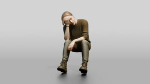 Homeless Woman Looking Dizzy While Resting on Her Hand - 3D character model, view 1