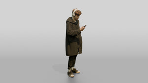 White Teen Boy in Oversized Raincoat Listening to Music - 3D character model, view 1