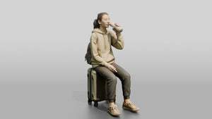 Young Woman Seated on Suitcase Drinking from Travel Cup - 3D character model, view 1