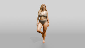Blonde Curvy Woman in Taupe Two-Piece Swimsuit Tree Pose - 3D character model, view 1