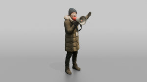 Protester Woman Shouting Through a Megaphone with Arms Raised - 3D character model, view 1