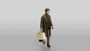 Man Walking in Long Wool Coat with Shopping Bags - 3D character model, view 1