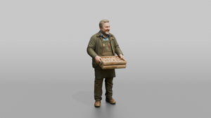 Farmer Holding Hand Built Wooden Egg Crate - 3D character model, view 1