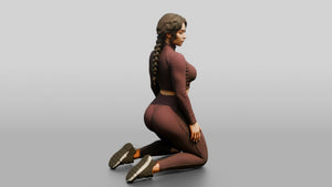 Woman Kneeling in Burgundy Long-Sleeve Activewear - 3D character model, view 1