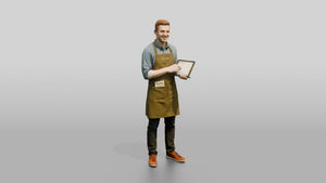 Young Man Barista Checking Tablet Orders - 3D character model, view 1