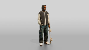 Skater Man in Varsity Jacket with Skateboard - 3D character model, view 1