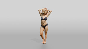 Blonde Woman in Navy Two-Piece Swimsuit Arms Raised - 3D character model, view 1