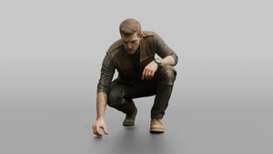Protester Man Crouching to Pick Something Up - 3D character model, view 1