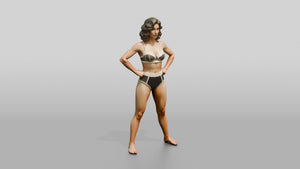 Woman in Black Two-Piece Swimsuit Wide Stance Hands on Hips - 3D character model, view 1