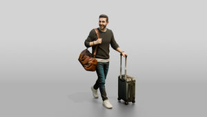 Young Man Walking with Rolling Suitcase and Leather Duffel Bag - 3D character model, view 1
