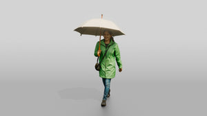 Indian Woman in Green Raincoat with White Umbrella - 3D character model, view 1