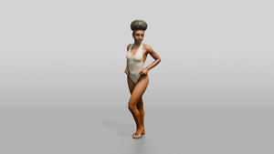 Black Woman in Ivory One-Piece Swimsuit Hand on Hip - 3D character model, view 1