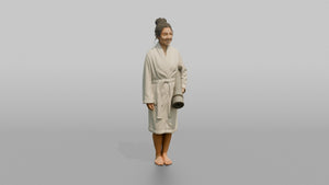 Spa Client Woman Standing Holding A Rolled Yoga Mat, Robe On - 3D character model