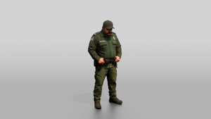 Stocky Latino Male Guard in a Dark Green Uniform - 3D character model, view 1