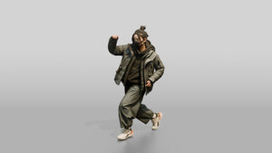 Techwear Woman in Puffer Jacket Mid-Stride - 3D character model, view 1