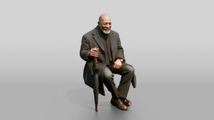 Elderly Black Man Sitting on Bench with Umbrella - 3D character model, view 1