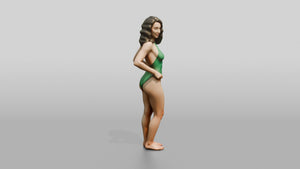 Woman in Green One-Piece Swimsuit with Hand on Hip - 3D character model, view 1