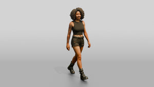 Woman with Curly Hair Walking in Olive Tank Top and Shorts - 3D character model, view 1