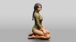Woman in Olive Rash Guard Kneeling - 3D character model, view 1