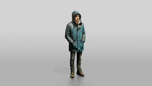 White Man Sheltering in Blue Parka - 3D character model, view 1