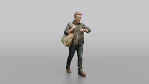 Man Customer Carrying A Large Shopping Bag Over One Shoulder While Checking His Watch - 3D character model