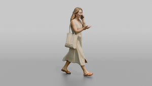 Dutch Woman Walking in a Linen Sundress, Phone in Hand - 3D character model, view 1