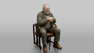 British Man Sitting Upright with a Cane - 3D character model, view 1