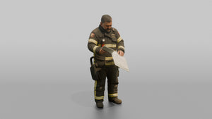 Firefighter Man Reviewing an Emergency Building Map - 3D character model, view 1