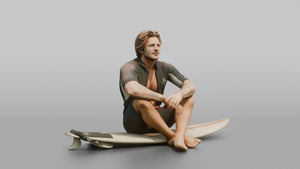 Surfer Sitting on His Surfboard - 3D character model, view 1