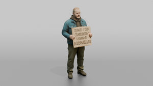 Protester Man Holding a Cardboard Protest Sign - 3D character model, view 1