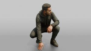 Protester Man Crouching and Looking Back - 3D character model, view 1