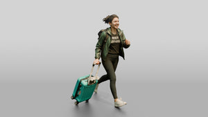 Woman Running Through Airport with Teal Suitcase and Backpack - 3D character model, view 1