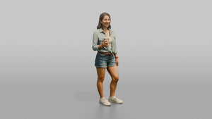 Vacationer Wearing Denim Shirt Tied At Waist And - 3D character model, view 1