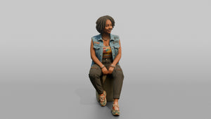 African Woman in Denim Vest Sitting on Concrete Block - 3D character model, view 1